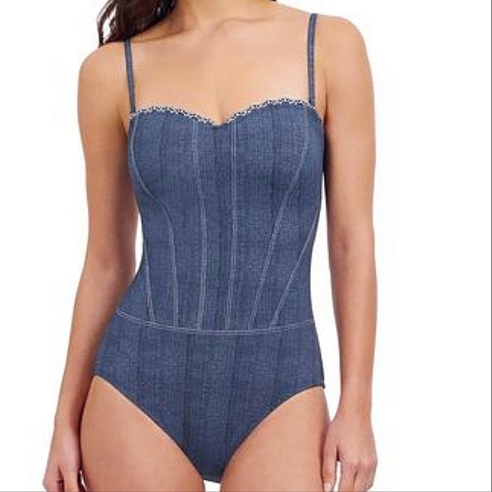 Gottex Women's jeans Isabelle Bandeau Embroidery Detail One Piece Swimsuit Sz 14